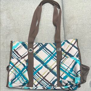 Thirty One bag canvas multi pocket tote bag -teal, brown, grey used
